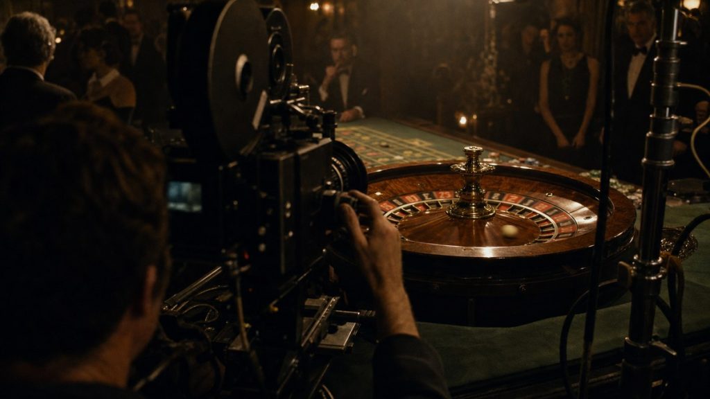 A 35mm film camera framing a spinning roulette wheel on a dressed casino set