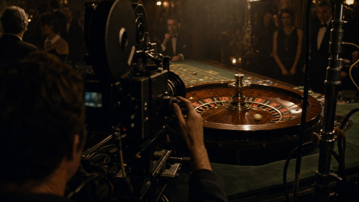 A 35mm film camera framing a spinning roulette wheel on a dressed casino set